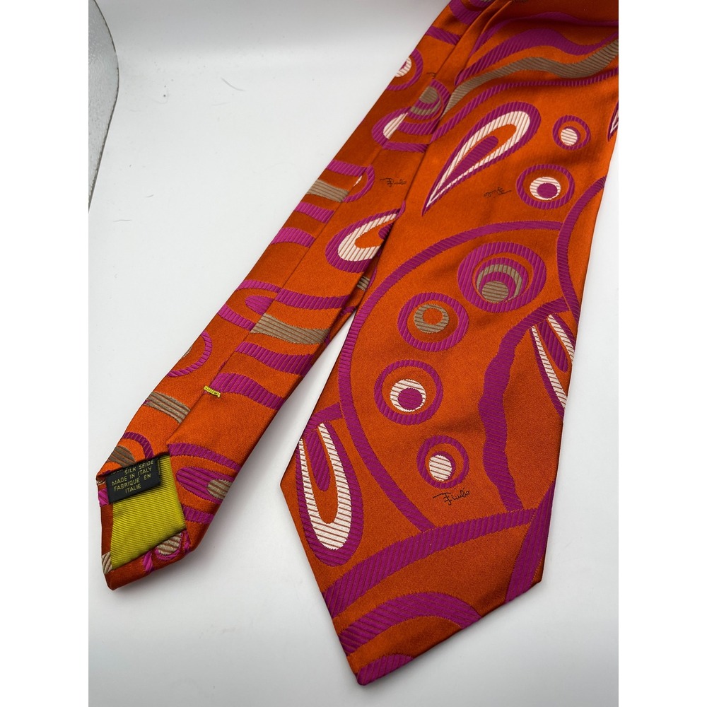 Emilio Pucci Silk Tie Orange Magenta Abstract Geometric Made in Italy Luxury